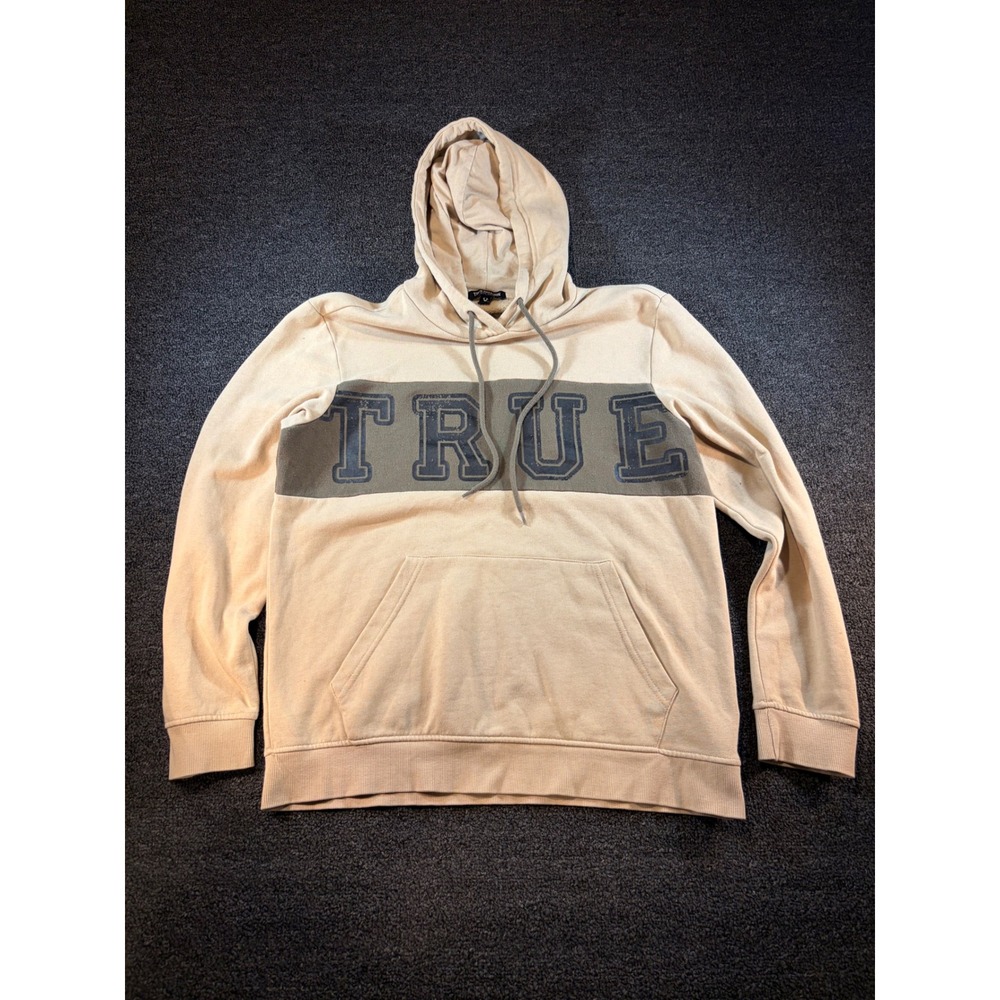 True Religion Mens Tan Olive Green Graphic Logo Pullover Hoodie Small Distressed